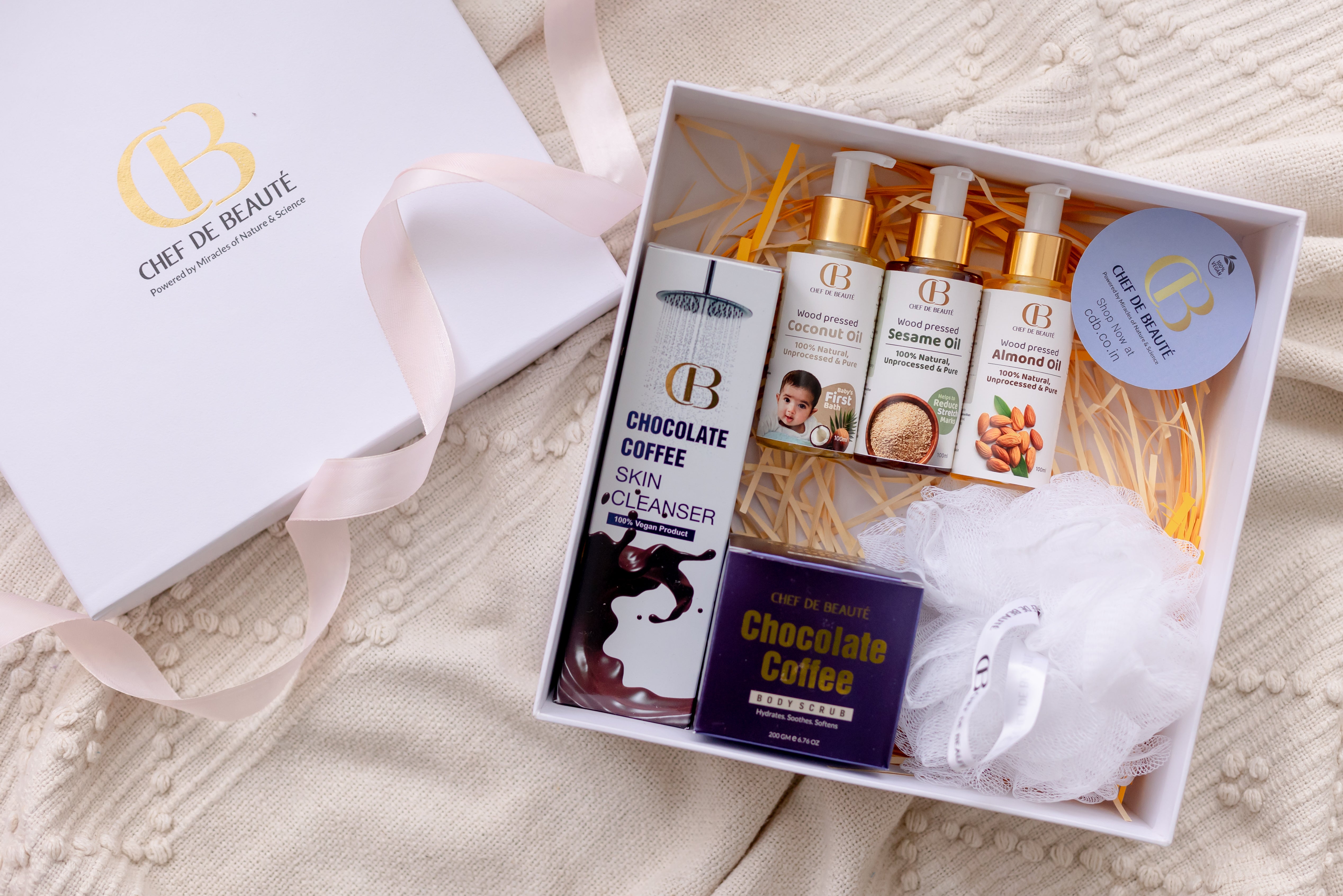 CDB's Exfoliation & Glow Gift Box | Moisturizing Coffee Body Scrub with Organic Avocado Oil & Body Wash Set with Loofah | Pure Wood Pressed Coconut Oil, Almond Oil, Sesame Oil